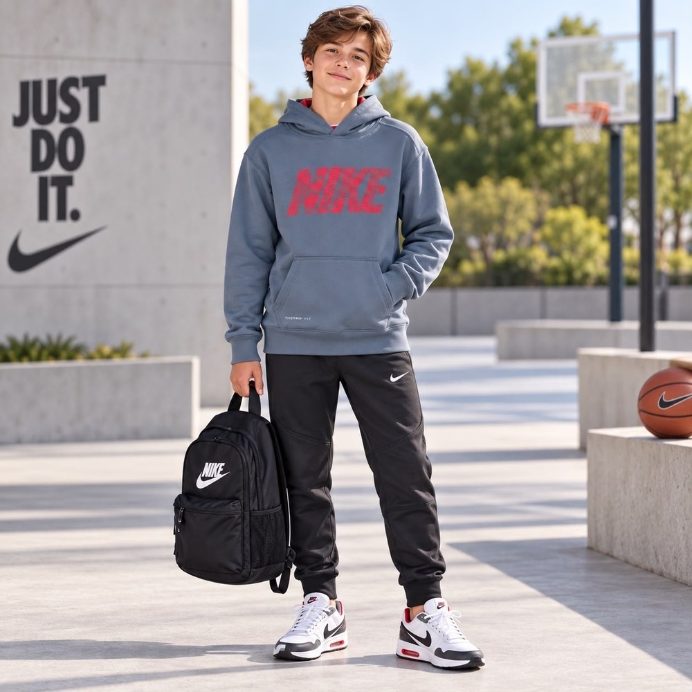 NIKE Kids Boys Hoodie MEDIUM Gray THERMA FIT Graphic Pullover 546159-477